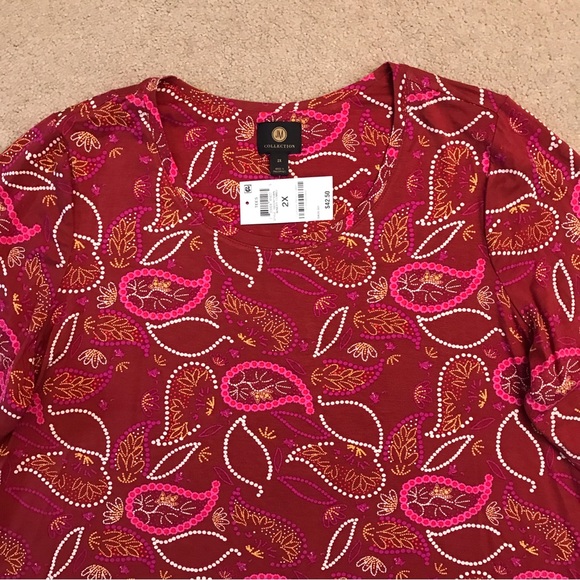 JM Collection Paisley Print Tee NEW Womens Plus Size 2X XXL Rust Brown Flare - Picture 5 of 8